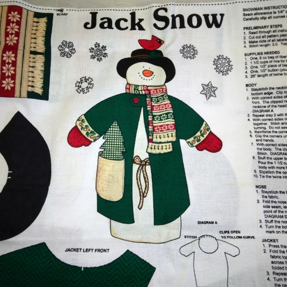 FABRIC Jack Snow Snowman Doll Fabric Panel